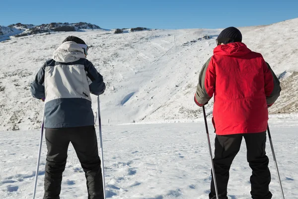 一对夫妇与滑雪杖在雪上的后视图 — 图库照片