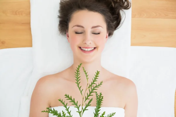 Brunette lying with leaves in beauty salon — Stock Photo, Image