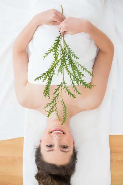 Brunette couchée avec des feuilles dans un salon de beauté — Photo