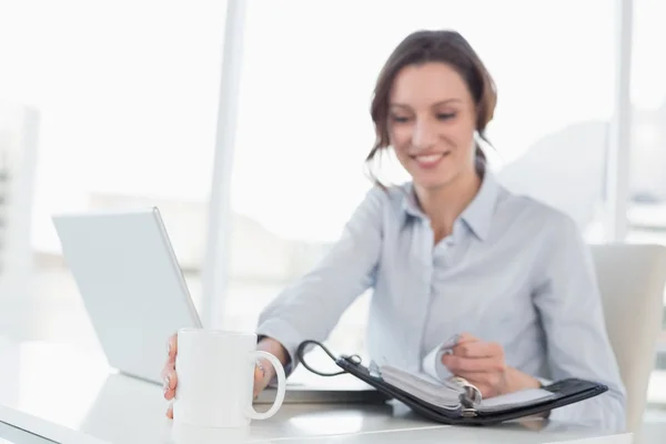 Affärskvinna med laptop och dagbok i office — Stockfoto