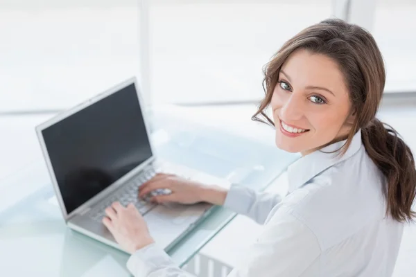 Smiling brown haired businesswoman using laptop in office — Stock Photo, Image