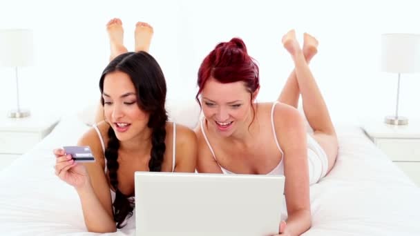 Young women using notebook for home shopping — Stock Video