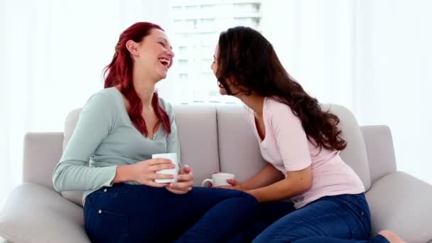 Hermosas mujeres divertidas sentadas en el sofá mientras tienen una conversación — Vídeo de stock