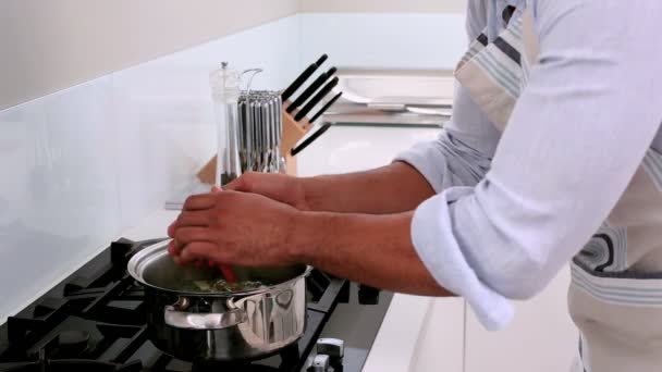 英俊的男人，添加和调味蔬菜在锅里 — 图库视频影像