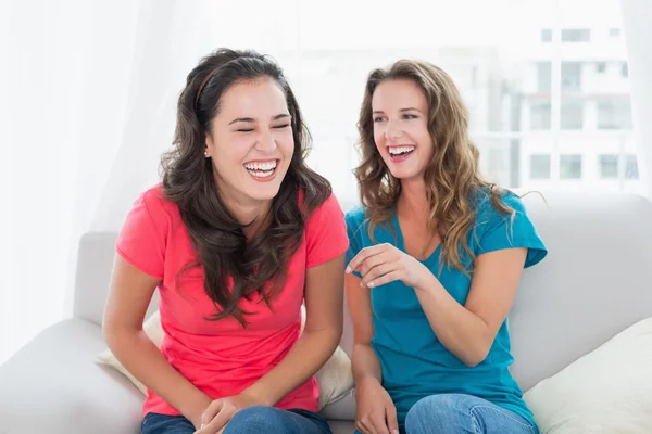 Cheerful friends sitting on sofa in the living room — Stock Photo, Image