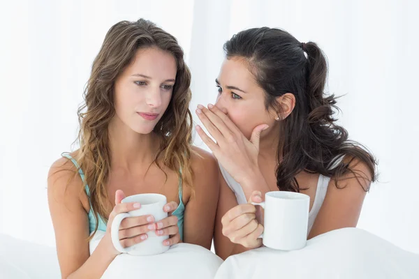 Vänner med kaffekoppar skvallra i sängen — Stockfoto