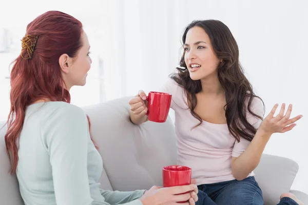 Jonge vrouwelijke vrienden genieten van een praatje over koffie thuis — Stockfoto