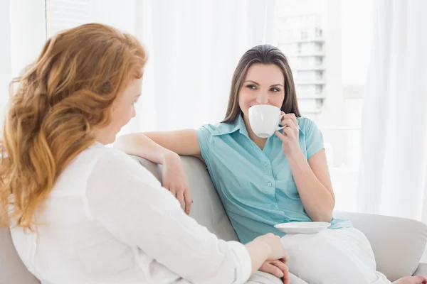 Female friends sitting on sofa in the living room — Stock Photo, Image