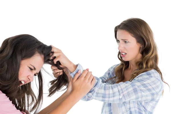 Zły, że młoda kobieta ciągnąc kobiece włosy w walce — Zdjęcie stockowe