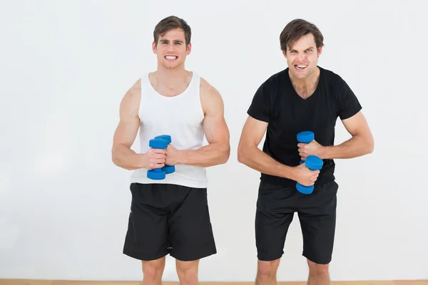 Portrait of two young men flexing muscles with dumbbells — Stock Photo, Image