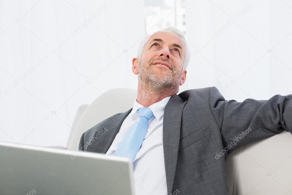 Businessman with laptop sitting on sofa in living room