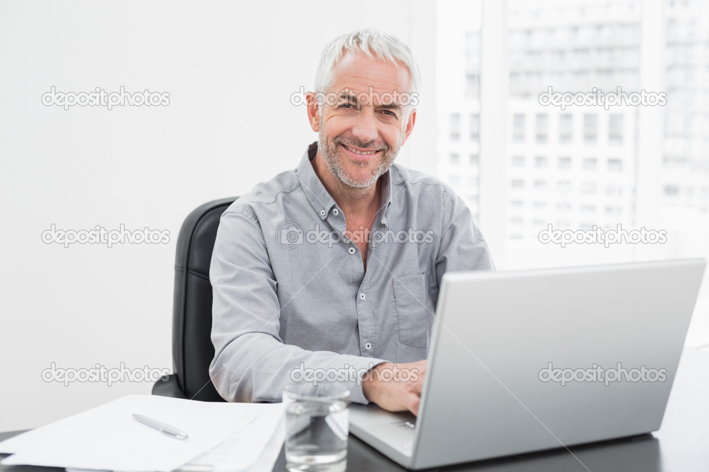 Smiling mature businessman using laptop at desk in office