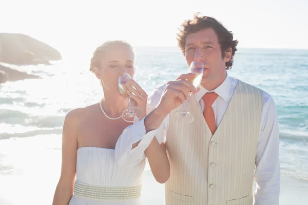 Recém-casados brindam com champanhe sorrindo para a câmera — Fotografia de Stock