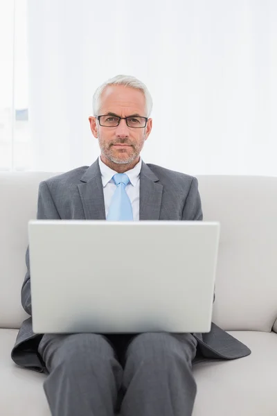 Ritratto di un uomo d'affari maturo che usa il computer portatile sul divano — Foto Stock