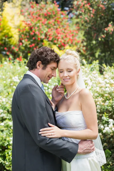 Romantic smiling newlyweds embracing — Stock Photo, Image