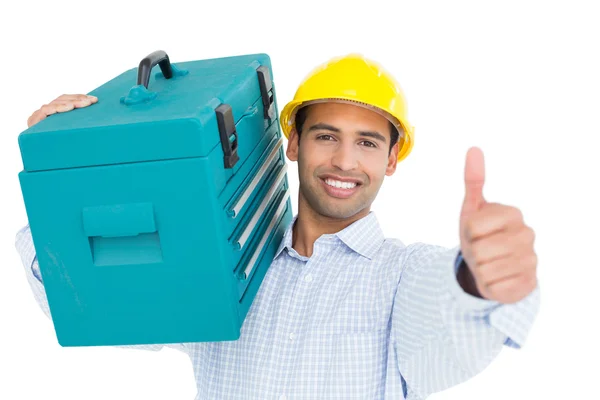 Handyman em chapéu duro com caixa de ferramentas gesto polegares para cima — Fotografia de Stock
