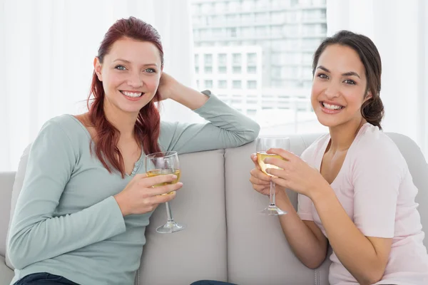 Young female friends with wine glasses at home — Stock Photo, Image