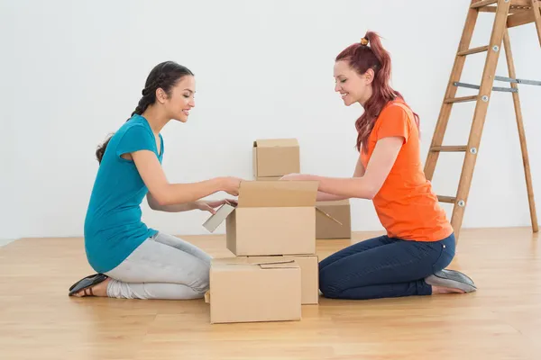 Vista lateral de dos amigos moviéndose juntos en una casa nueva —  Fotos de Stock