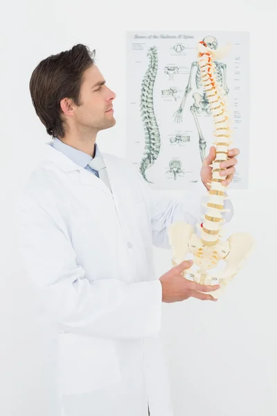 Retrato de un médico varón sonriente con modelo esquelético —  Fotos de Stock