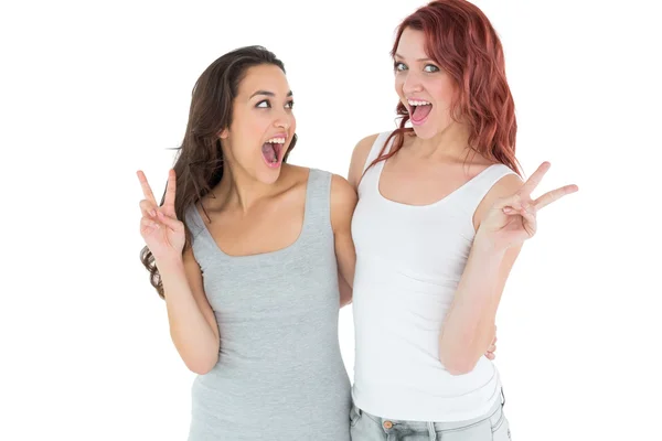 Portret van twee vrolijke vriendinnen gebaren vredesteken — Stockfoto