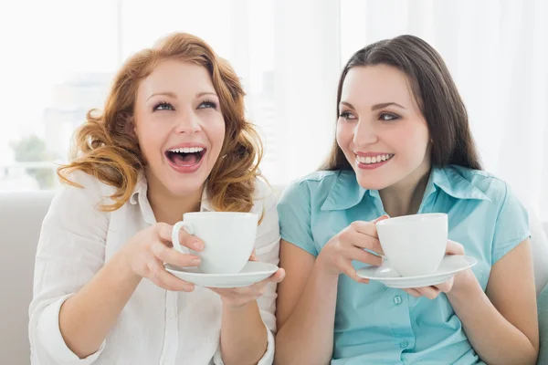Друзья с кофейными чашками наслаждаются разговором дома — стоковое фото
