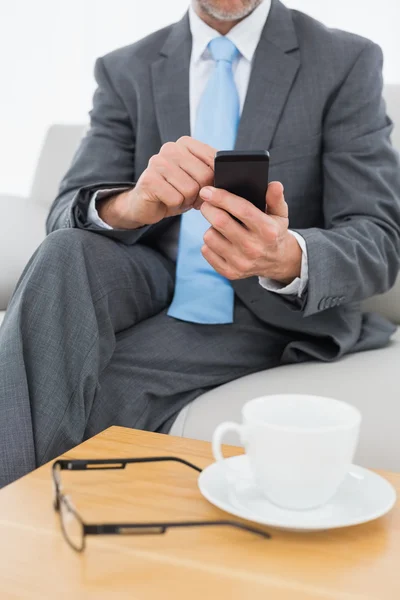 Mid section of a well dressed man text messaging at home — Stock Photo, Image