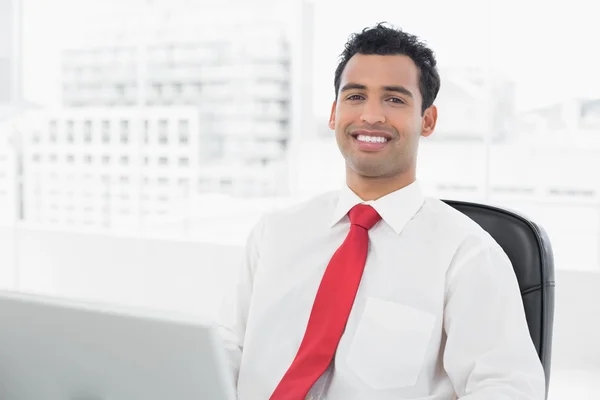 Giovane uomo d'affari sorridente con computer portatile in ufficio — Foto Stock