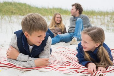 mutlu bir aile dört bir sahil piknik