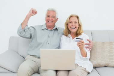 üst düzey çift kanepede online alışveriş yaparken