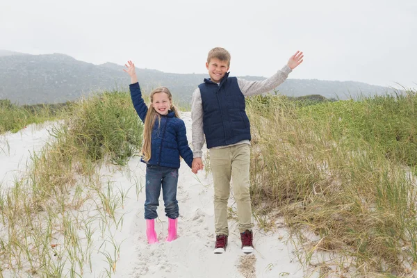 Happy siblings standing hand in hand at beach — Stock Photo, Image