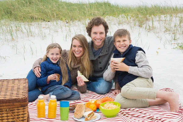 Gelukkige familie van vier op een strand picknick — Stockfoto