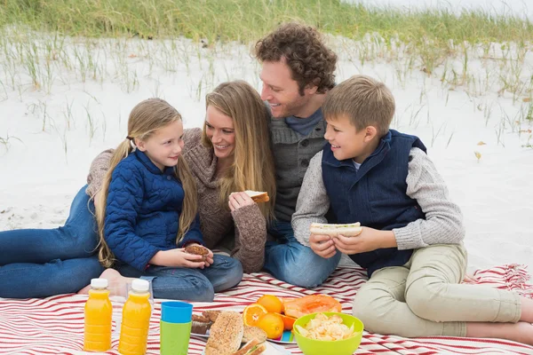 Happy family of four at a beach picnic — Stock Photo, Image