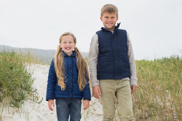 Portret van een gelukkig broers en zussen op strand — Stockfoto