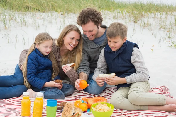 Счастливая семья из четырех человек на пляже пикник — стоковое фото