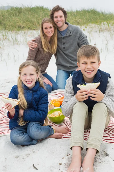 Lycklig familj av fyra på en strand picknick — Stockfoto