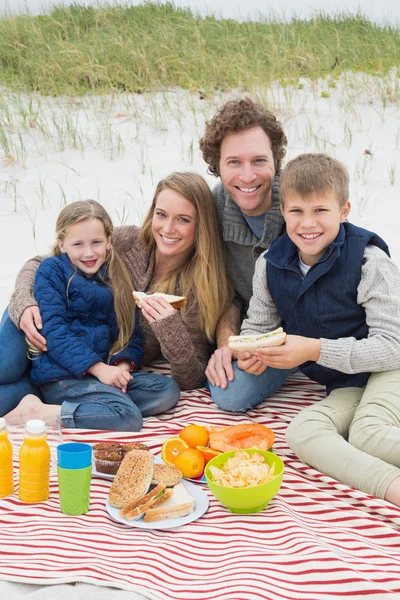 Lycklig familj av fyra på en strand picknick — Stockfoto