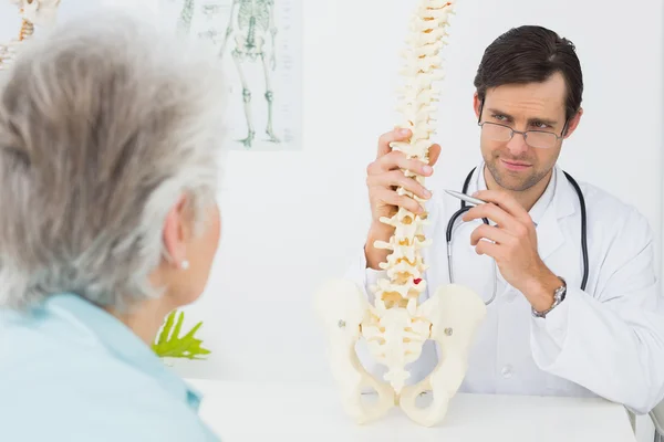 Médico masculino explicando a coluna vertebral a um paciente sênior — Fotografia de Stock