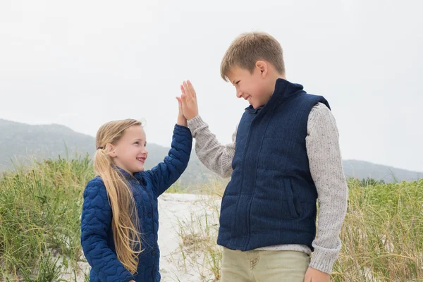 Happy brother and sister at beach — Stock Photo, Image