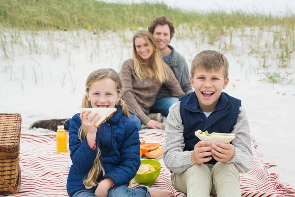 Счастливая семья из четырех человек на пляже пикник — стоковое фото