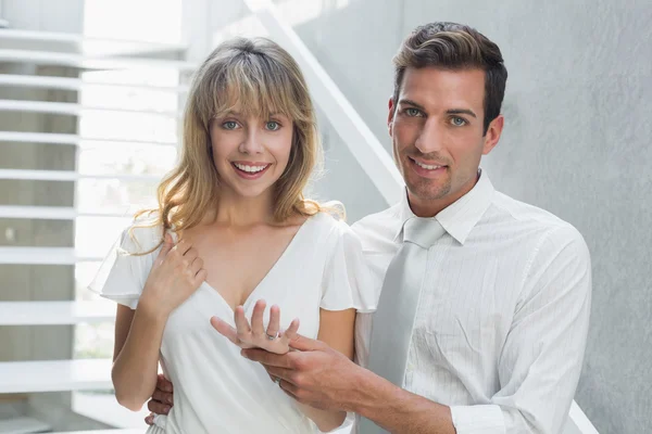 Happy young woman showing engagement with man — Stock Photo, Image