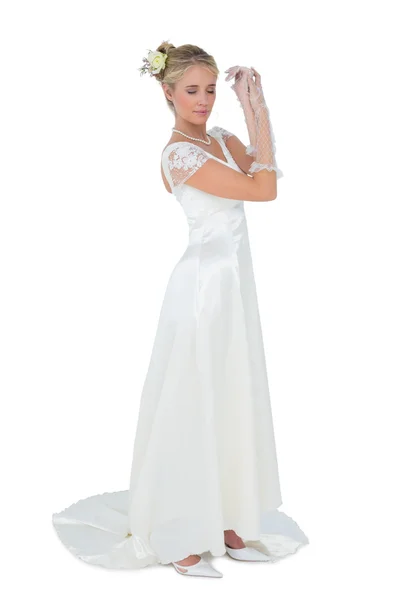 Bride with eyes closed over white backgtround — Stock Photo, Image
