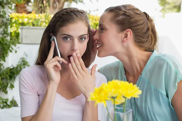 Woman whispering secret into friends ear while shes on call — Stock Photo, Image