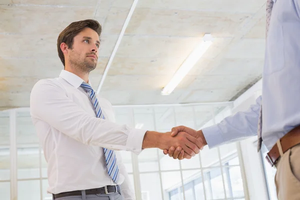 Two businessmen shaking hands in office Stock Photo