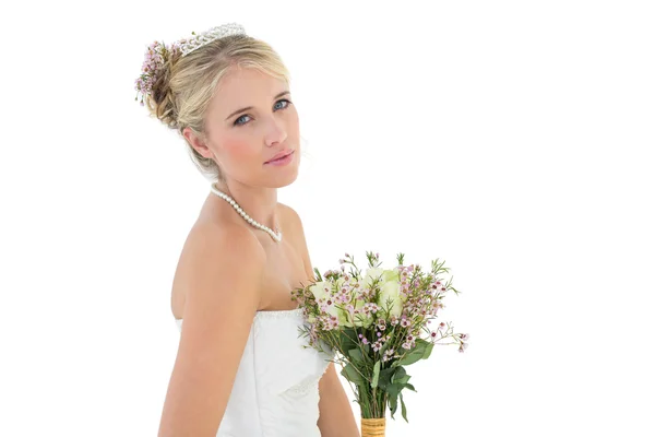 Sposa con mazzo di fiori su sfondo bianco Foto Stock Royalty Free