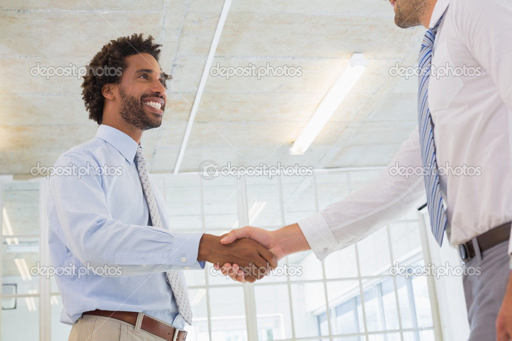 Two businessmen shaking hands in office