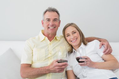 mutlu çift kanepede oturan şarap bardakları ile