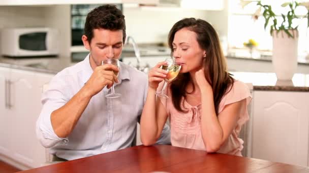 Pareja feliz bebiendo vino blanco juntos — Vídeo de stock