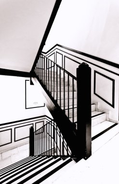 siyah ve beyaz, iç merdiven güneşin yoğun bir ışık sarılmış