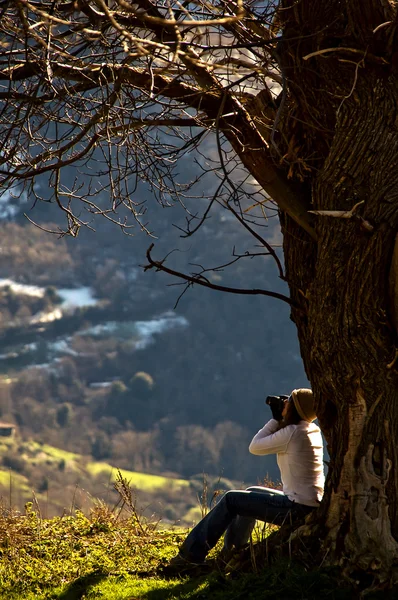 Donna seduta su un albero godendo con la fotocamera — Foto Stock