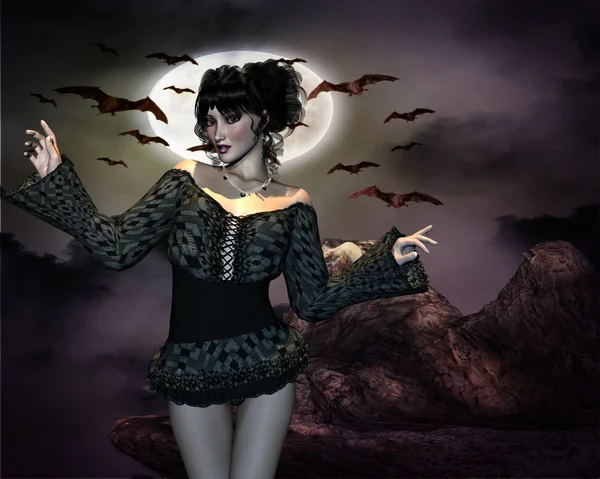 Menina da noite e morcegos — Fotografia de Stock